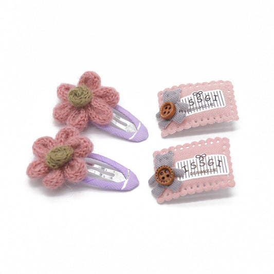 Crochet hair clip set of 4 with pink flower and teddy-themed snap clips