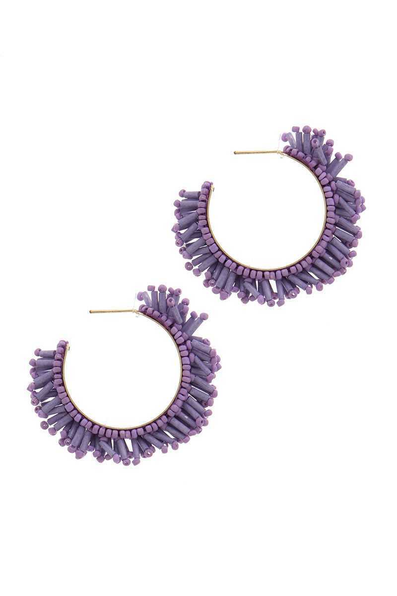 Lavender purple beaded hoop earrings with fan fringe, gold hooks