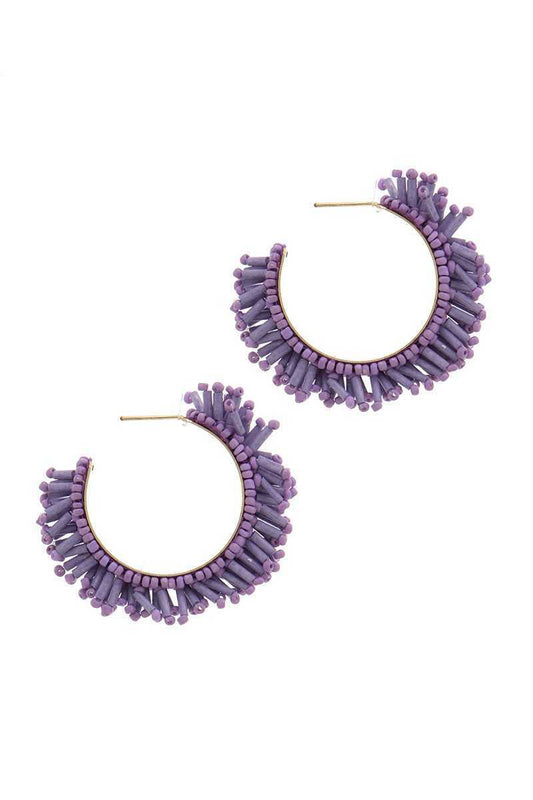 Lavender purple beaded hoop earrings with fan fringe, gold hooks