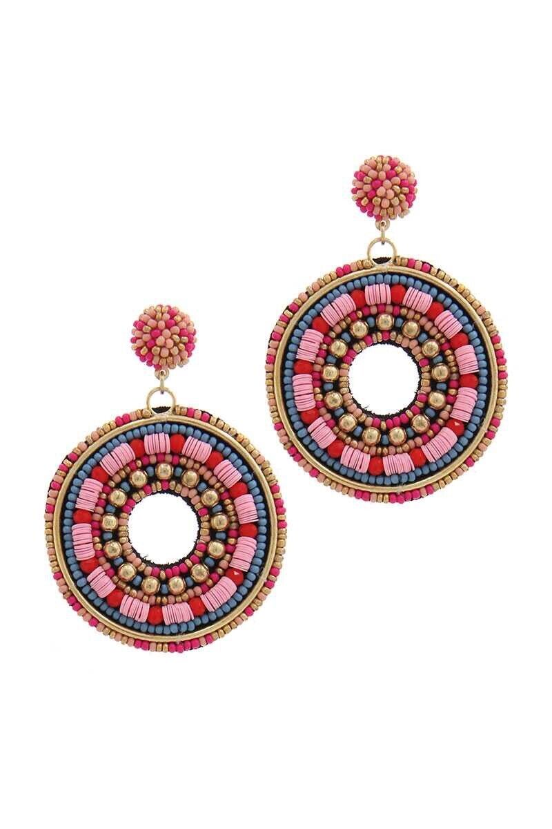 Beaded round statement earrings with pink, blue, and gold bead fringe