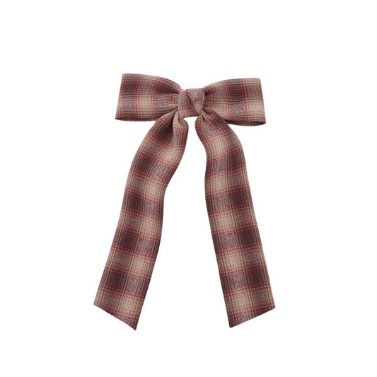Brown plaid long hair bow with ribbon loops and tied bow knot