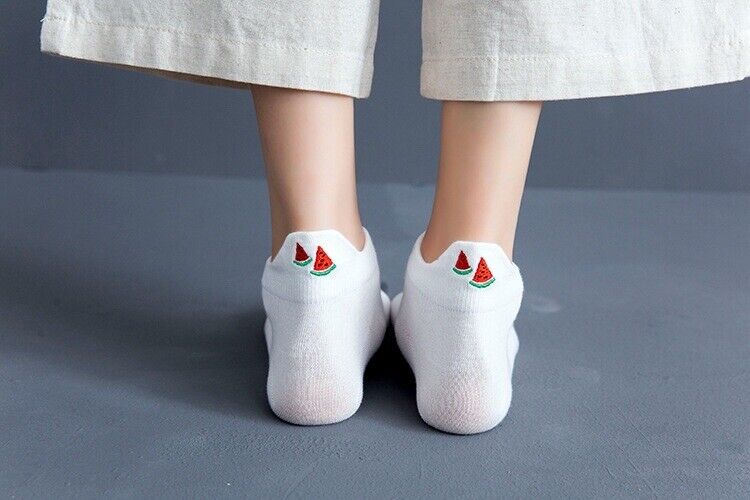 White ankle socks with watermelon slice embroidery on the back of the heel