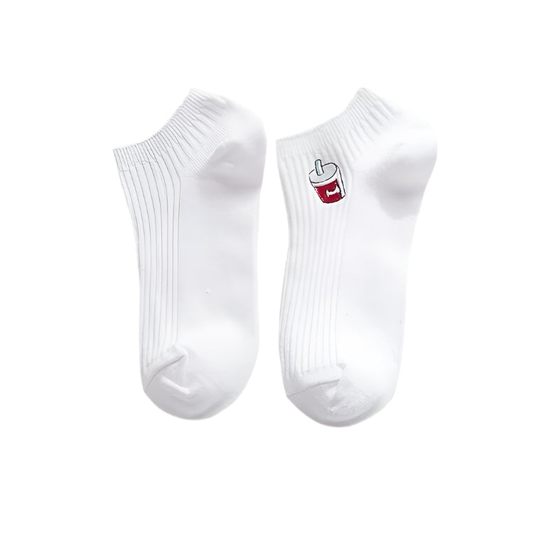 White crew socks with soda drink logo embroidery, ribbed knit and cushioned toe
