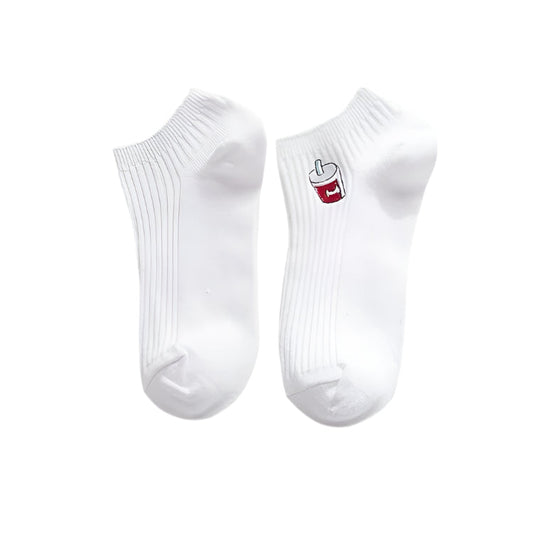 White crew socks with soda drink logo embroidery, ribbed knit and cushioned toe