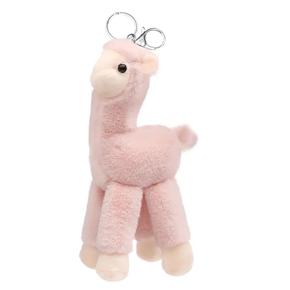 Pink plush llama keychain with metal keyring and clasp