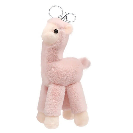 Pink plush llama keychain with metal keyring and clasp