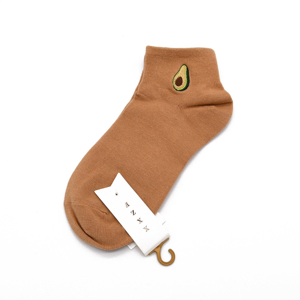 Tan ankle socks with avocado embroidery at cuff.