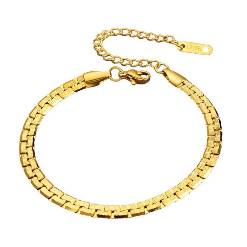 Gold stainless steel chain bracelet with flat links and a small clasp