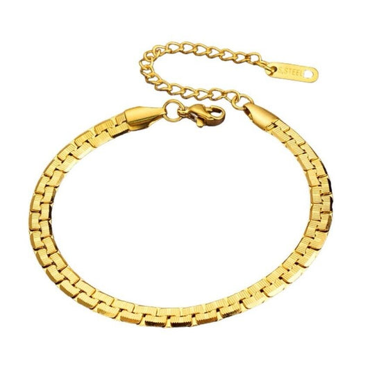 Gold stainless steel chain bracelet with flat links and a small clasp