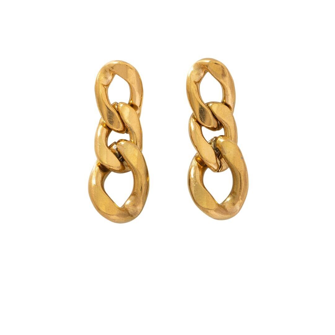 Gold-plated link chain drop earrings with sculpted oval links, hinged hoop style