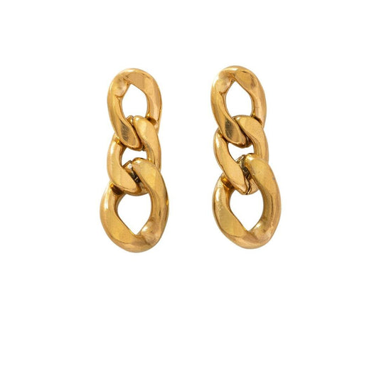 Gold-plated link chain drop earrings with sculpted oval links, hinged hoop style