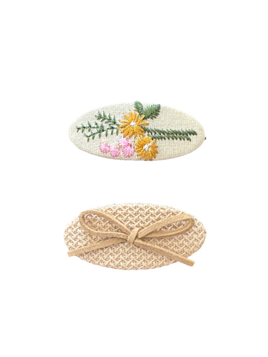 Beige oval hair clip set with crochet bow and floral embroidered flowers, two-piece