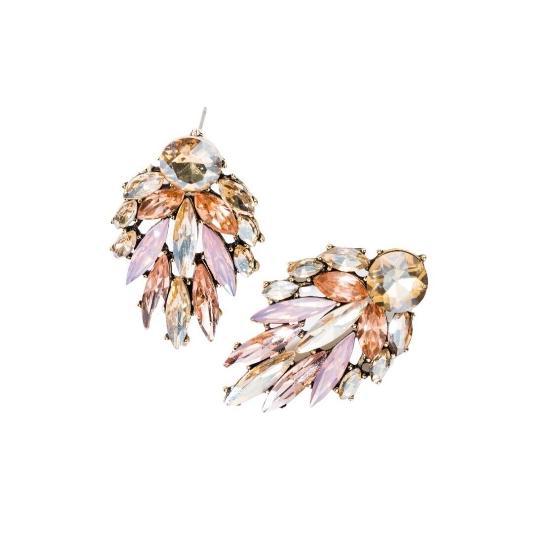 Pink and neutral cubic zirconia drop earrings with crystal cluster stones, lever back