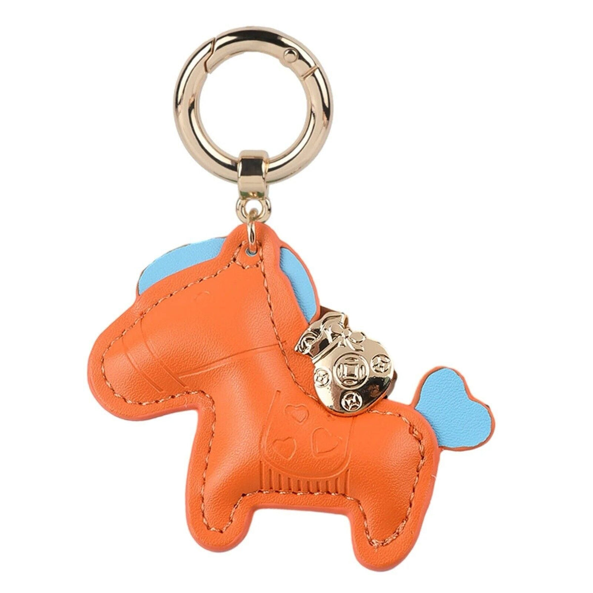 Orange faux leather pony bag charm keychain with blue accents and metal ring