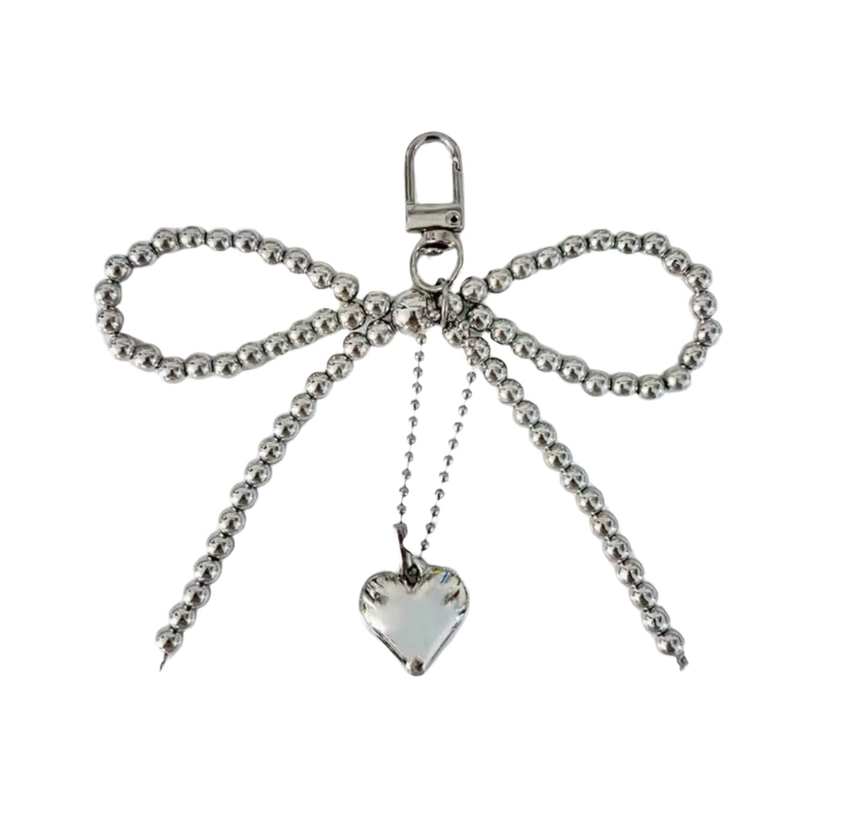 Silver beaded bow keychain with heart charm and metal loop clasp