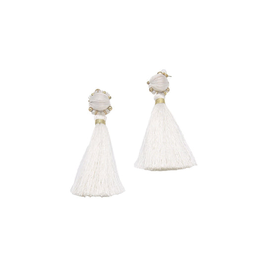 White beaded long tassel drop earrings with shell-like stud and gold accents