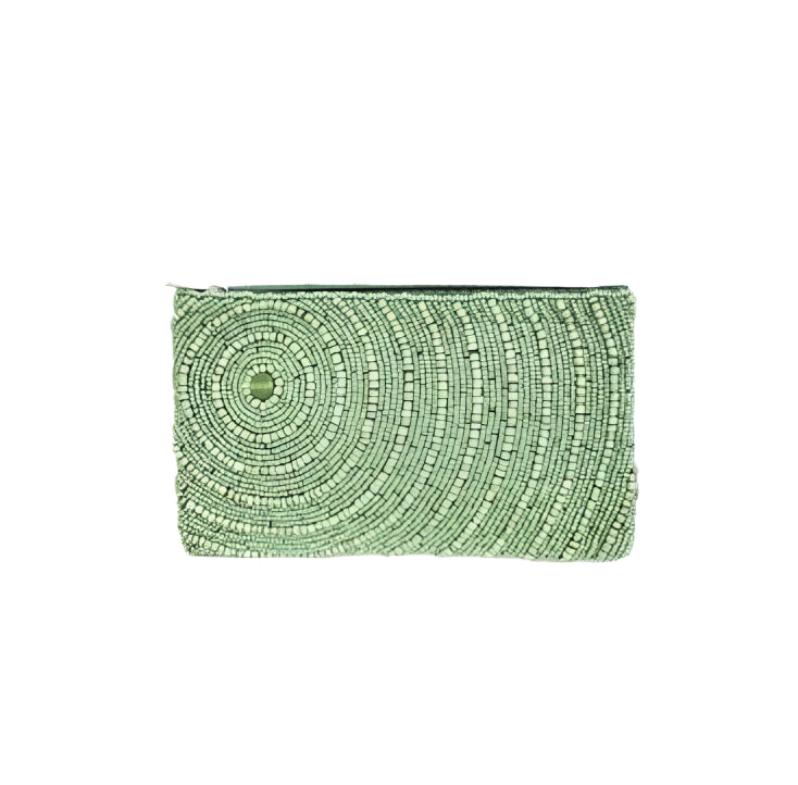 Beaded green purse with concentric spiral bead pattern