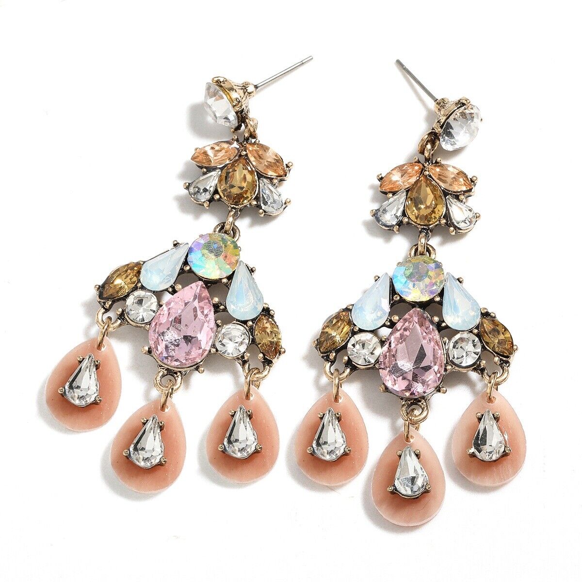 Pink and gold rhinestone chandelier teardrop earrings with light-blue and clear drops