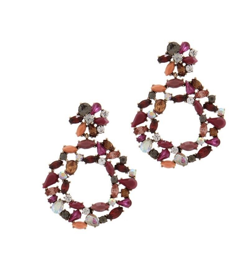 Pink and maroon beaded hoop earrings with round cubic zirconia accents