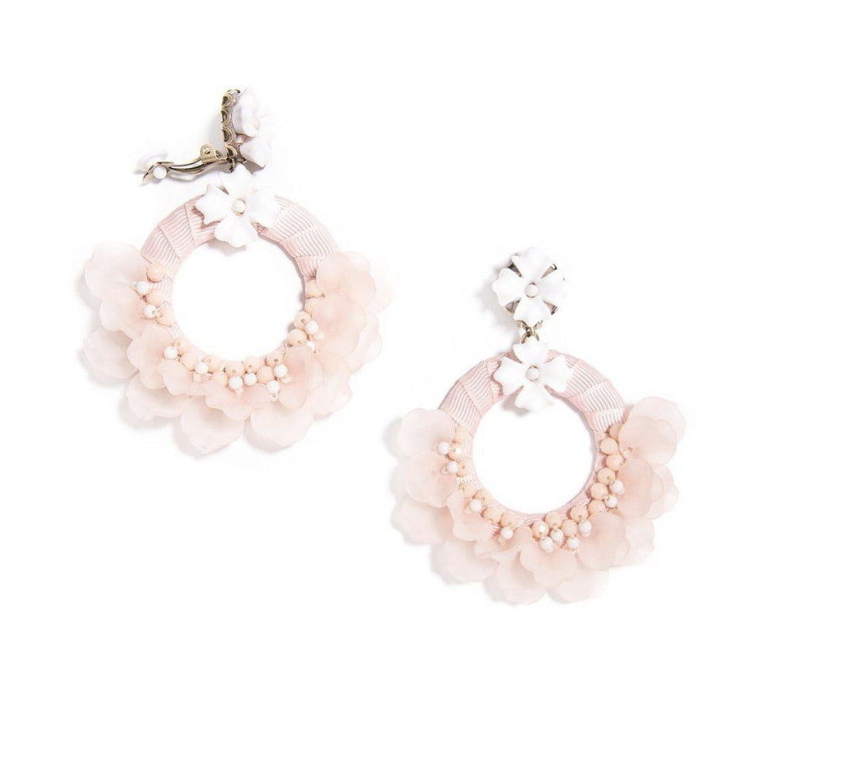 Pink floral hoop drop earrings with bead trim and layered flower petals