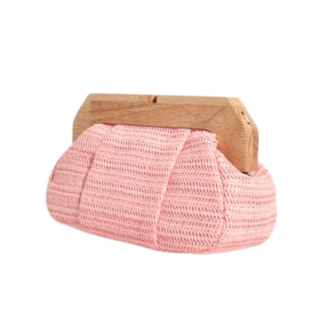 Pink woven frame clutch purse with timber handle and structured top clasp