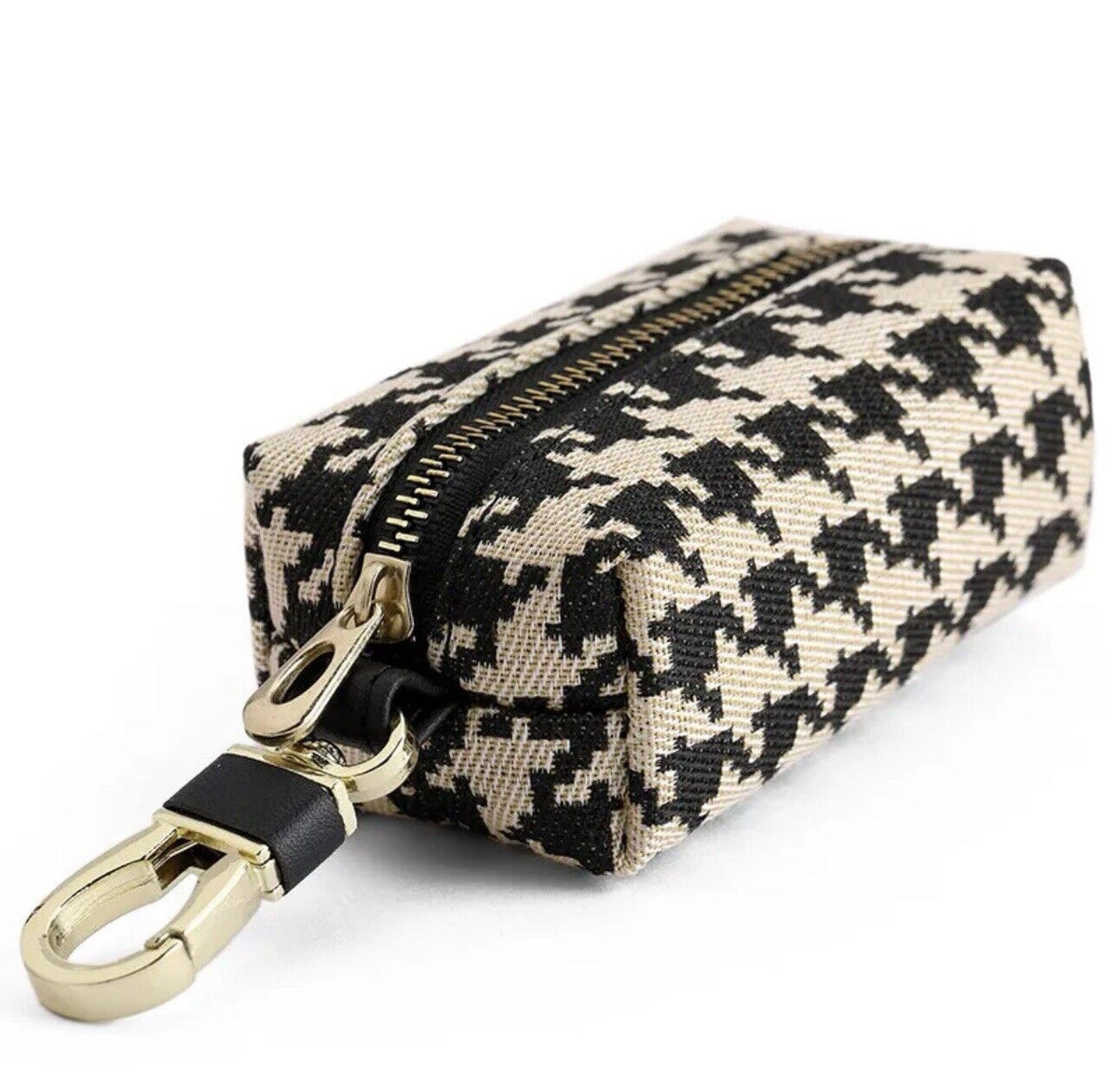 Black-and-white houndstooth mini zip wallet keychain with metal keyring clasp