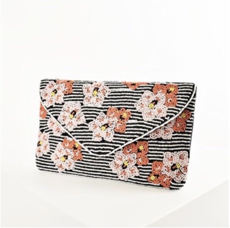 Beaded floral clutch purse with striped black fabric and multicolor flower appliques
