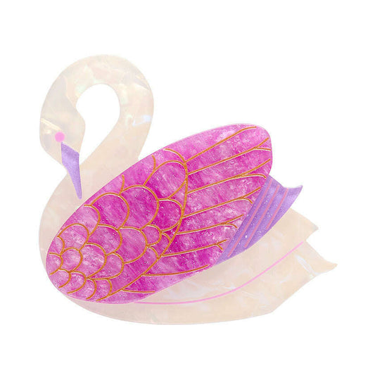 Purple iridescent swan brooch with enamel scale pattern and raised wings