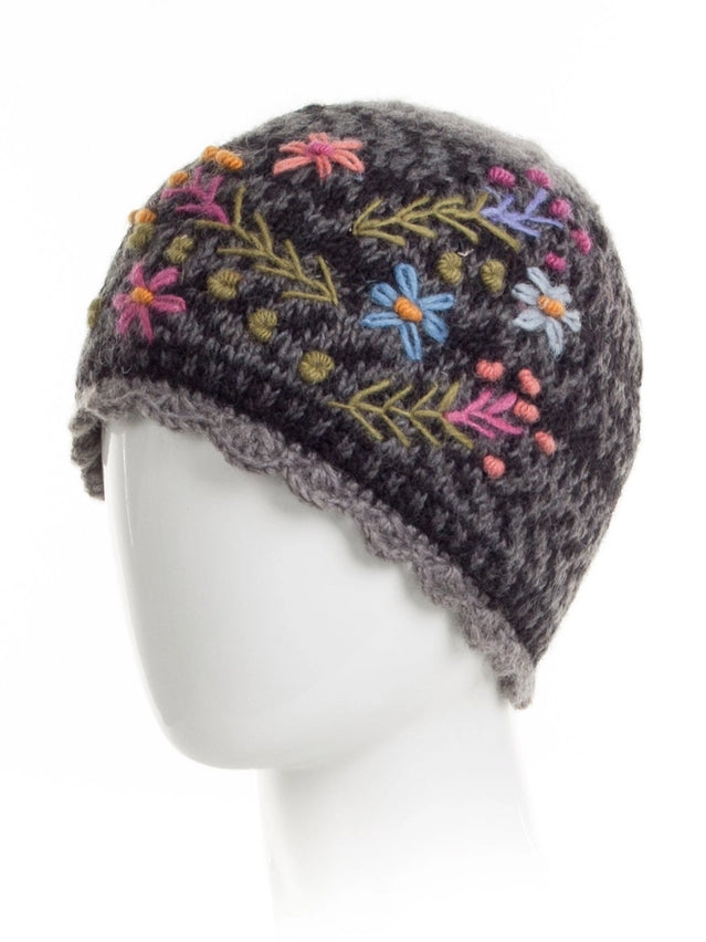 Dark gray wool knit beanie with colorful floral embroidery and gray ribbed cuff