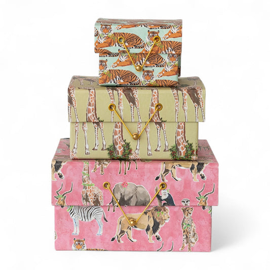 Set of three safari animal gift boxes with multicolor prints and gold tie closures