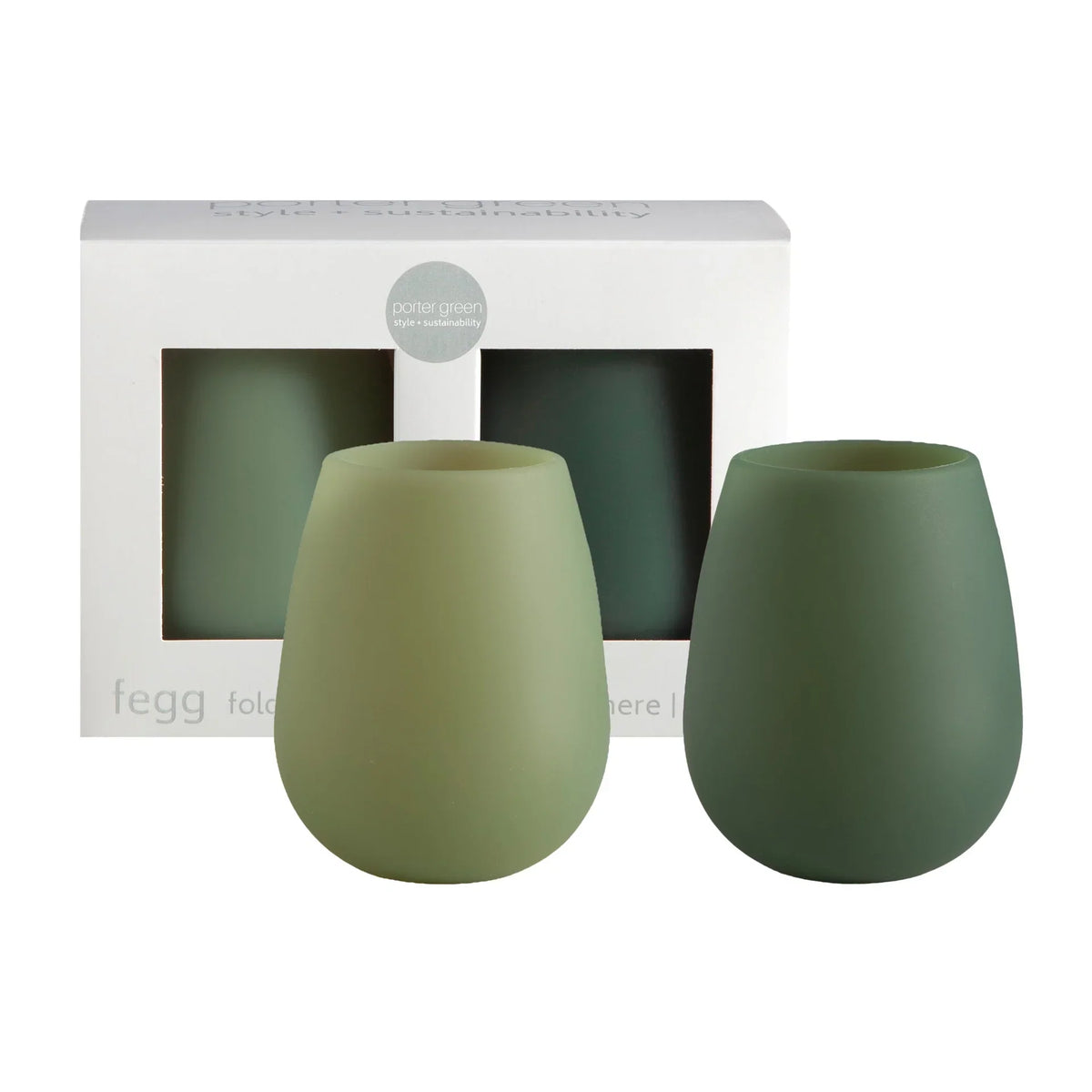 Retail box of green stemless silicone wine glasses, two armless cups
