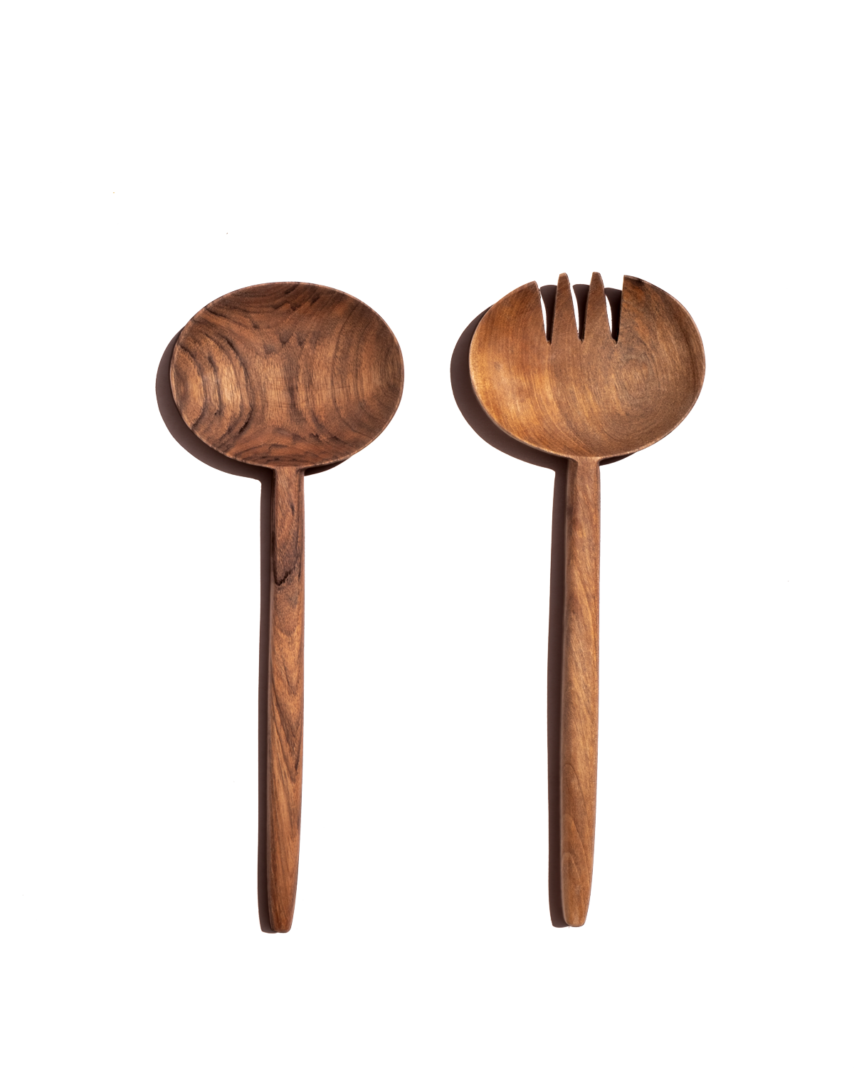 Wooden oval salad serving spoons with forked tines, polished handles