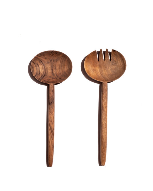 Wooden oval salad serving spoons with forked tines, polished handles