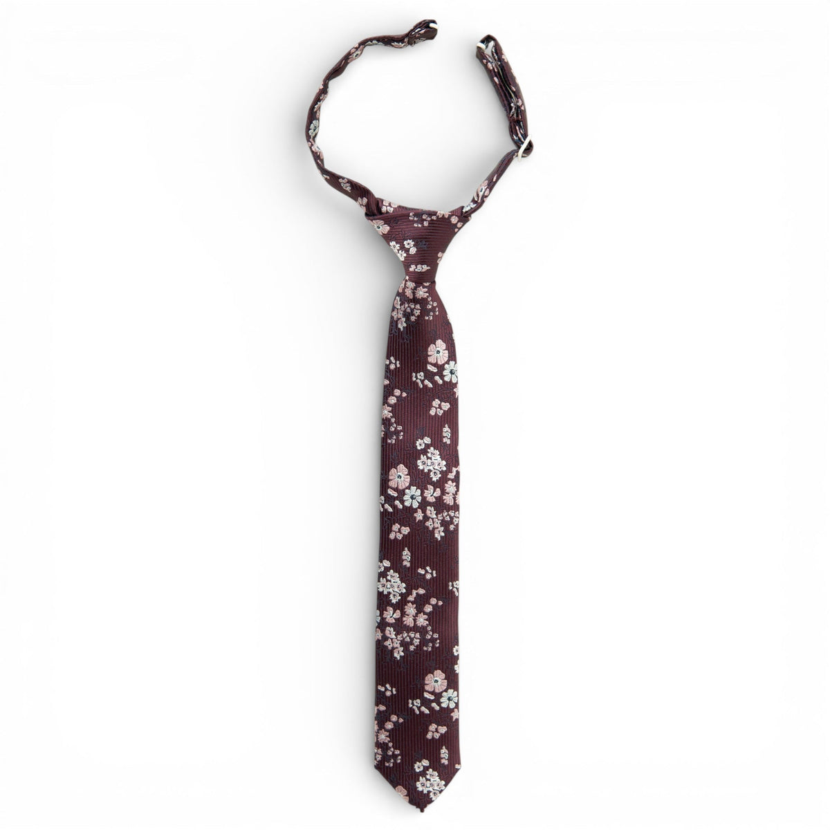 Boys floral necktie in dark burgundy with small light blossoms