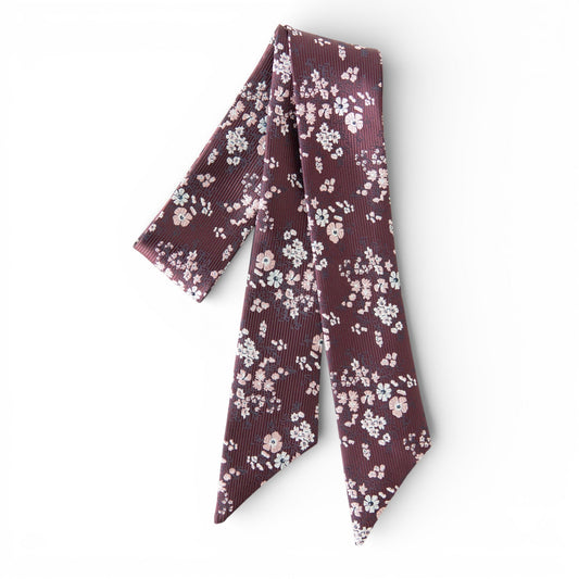 Burgundy floral hair sash with white blossoms, long ribbon with stitched ends