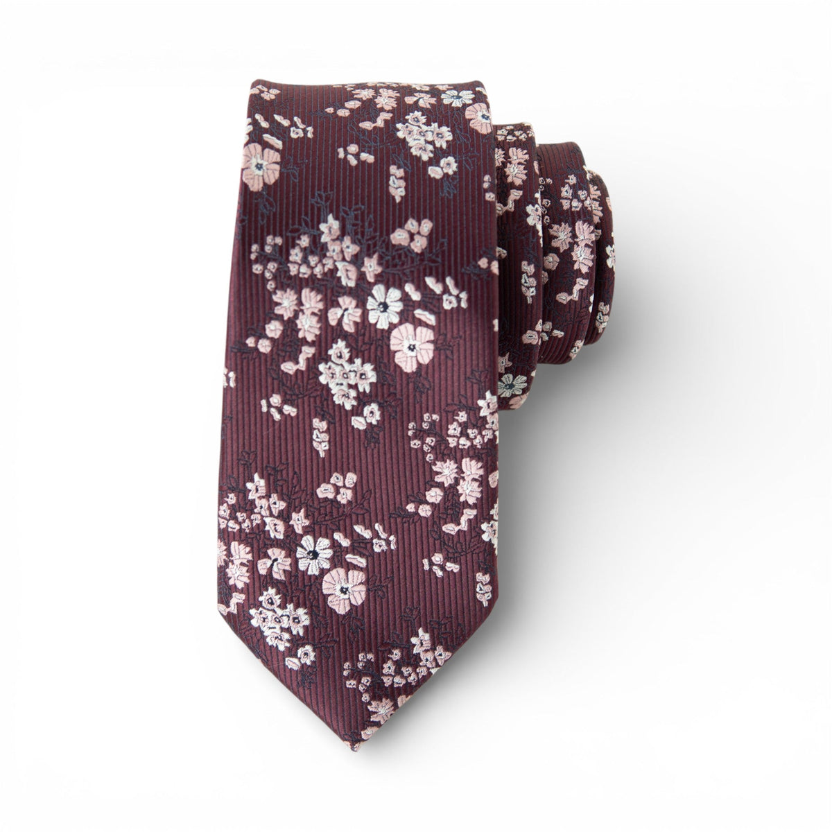 Men's floral tie in sangria burgundy with white flower clusters and narrow stripes