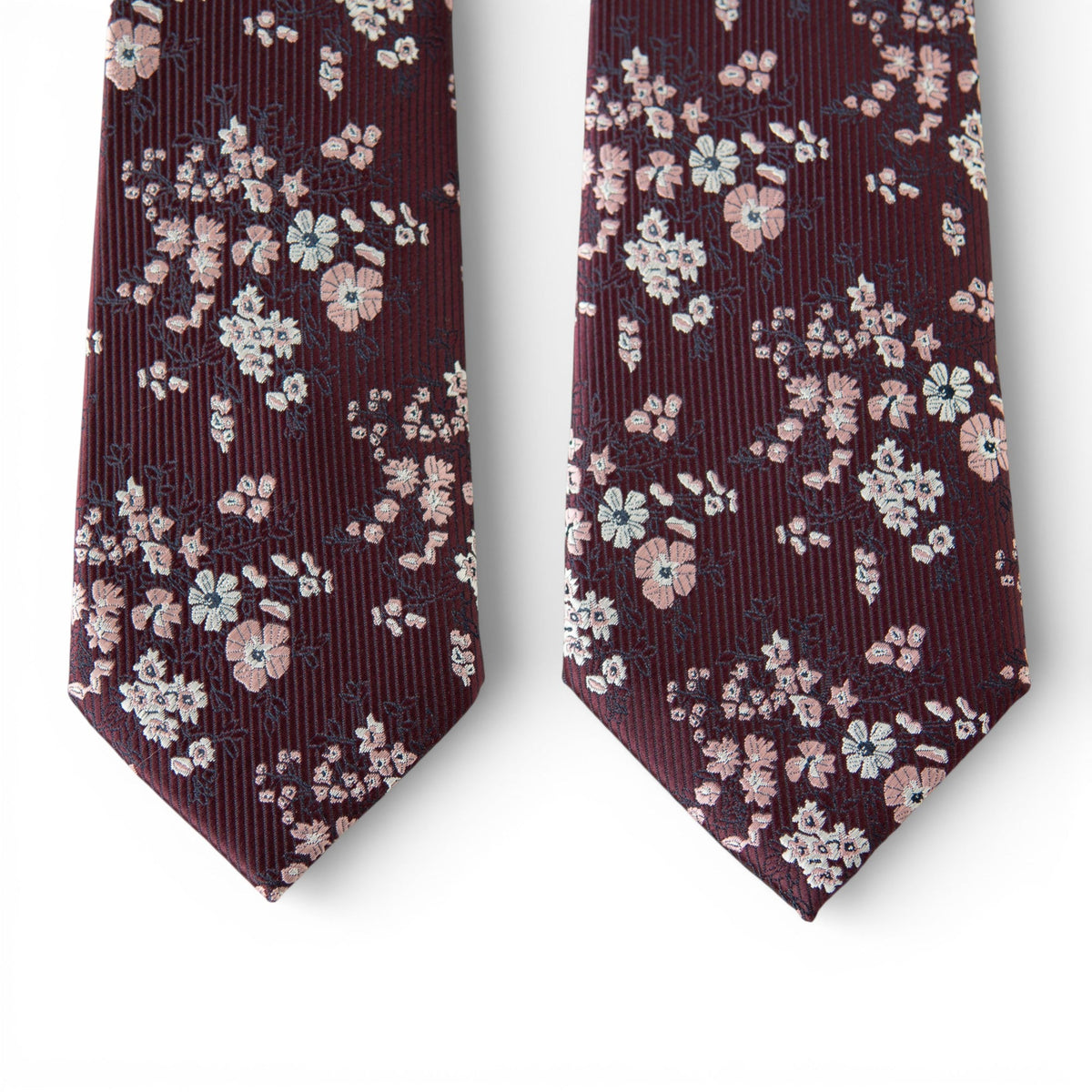 Men's floral ties set, burgundy striped fabric with white flower bouquets and pink highlights