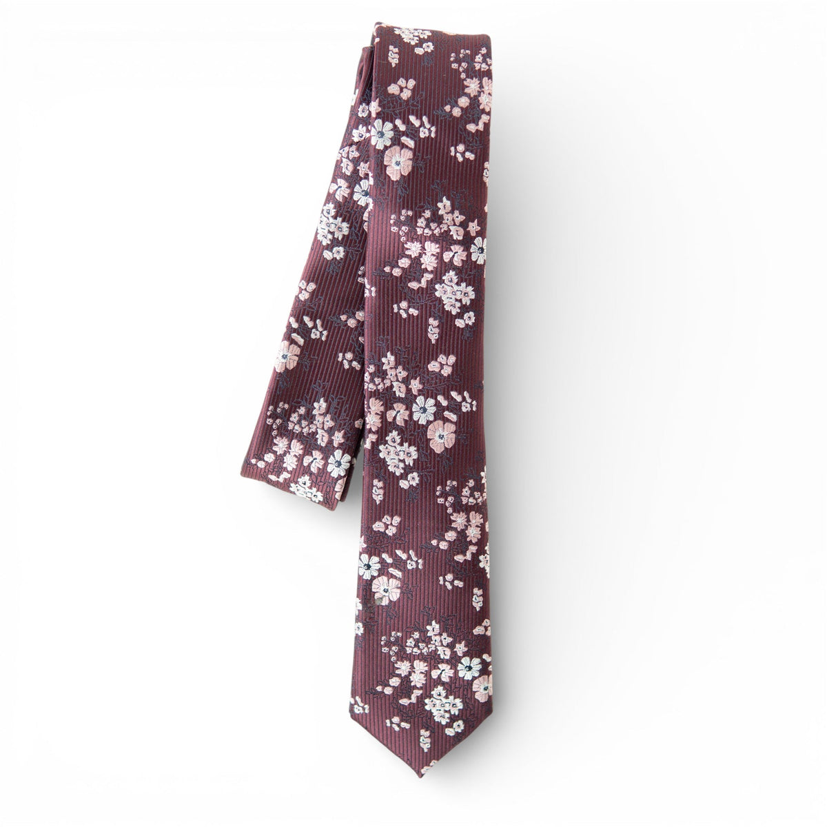 Youth necktie with burgundy vertical stripes and small white floral pattern
