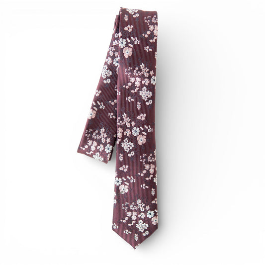 Youth necktie with burgundy vertical stripes and small white floral pattern