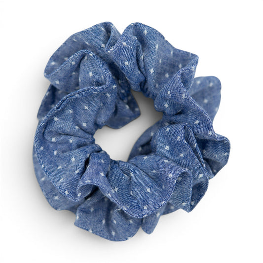 Blue fabric hair scrunchie with small light pattern