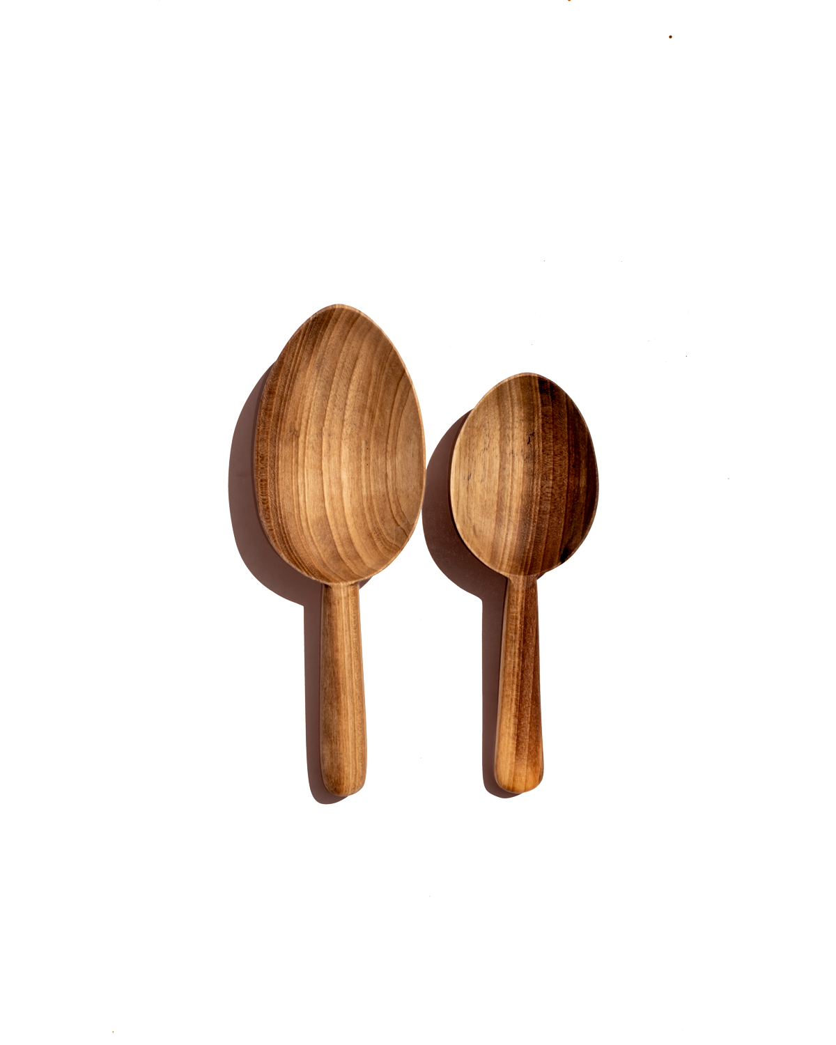 Set of 2 walnut scoop spoons, two wooden oval scoops on straight handles