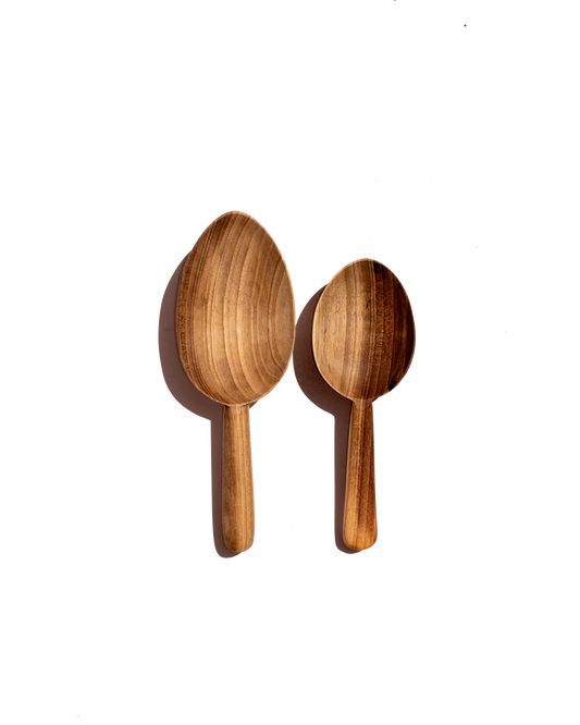 Set of 2 walnut scoop spoons, two wooden oval scoops on straight handles