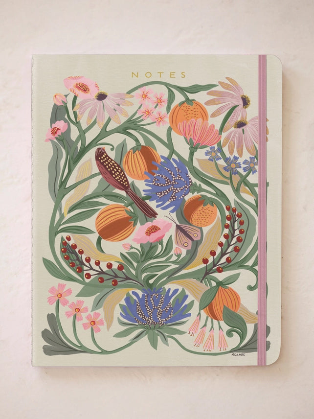 Notes notebook with light green botanical wreath cover and pink, blue, and orange flowers
