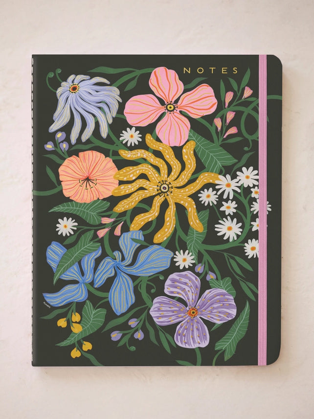 Notes notebook with dark floral cover, pink and blue blossoms with yellow details on black
