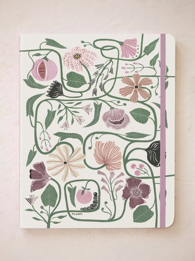 Notes notebook with white floral vine cover in green, pink, and purple with leaf details
