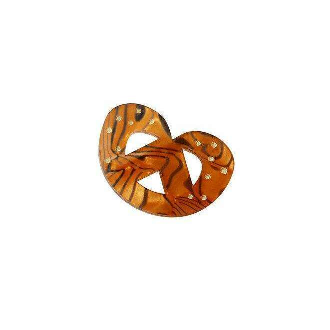 Tiger-print heart cookie brooch, orange-brown with white accents