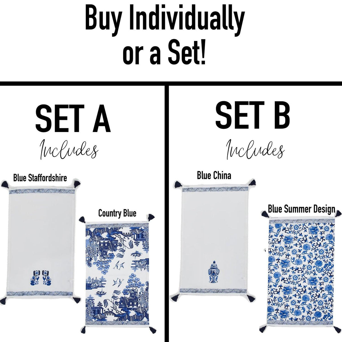 Chinoiserie tea towel set options card showing Set A and Set B