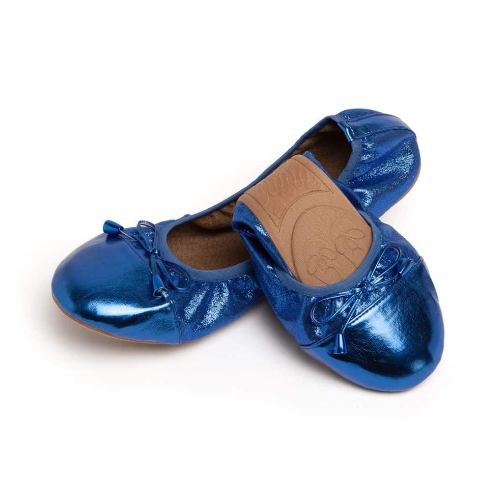 Cobalt blue metallic flats, side view with lace-up bow