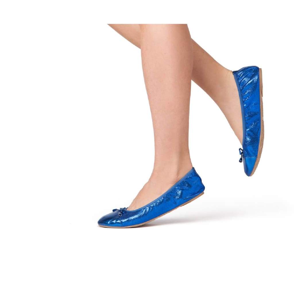 Cobalt blue metallic flats with lace-up bow detail
