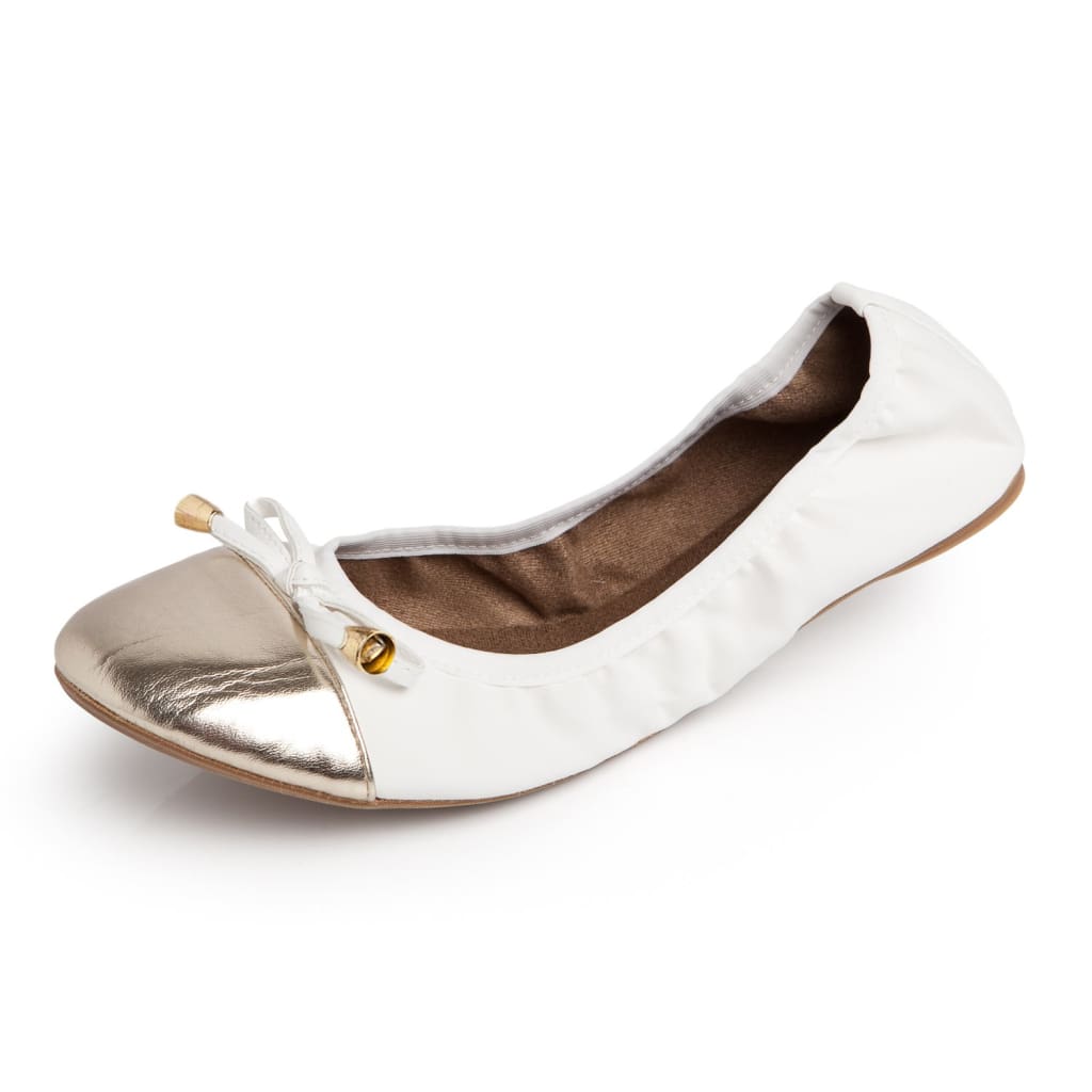 White ballerina flats with metallic toe cap, bow tie front and low sole